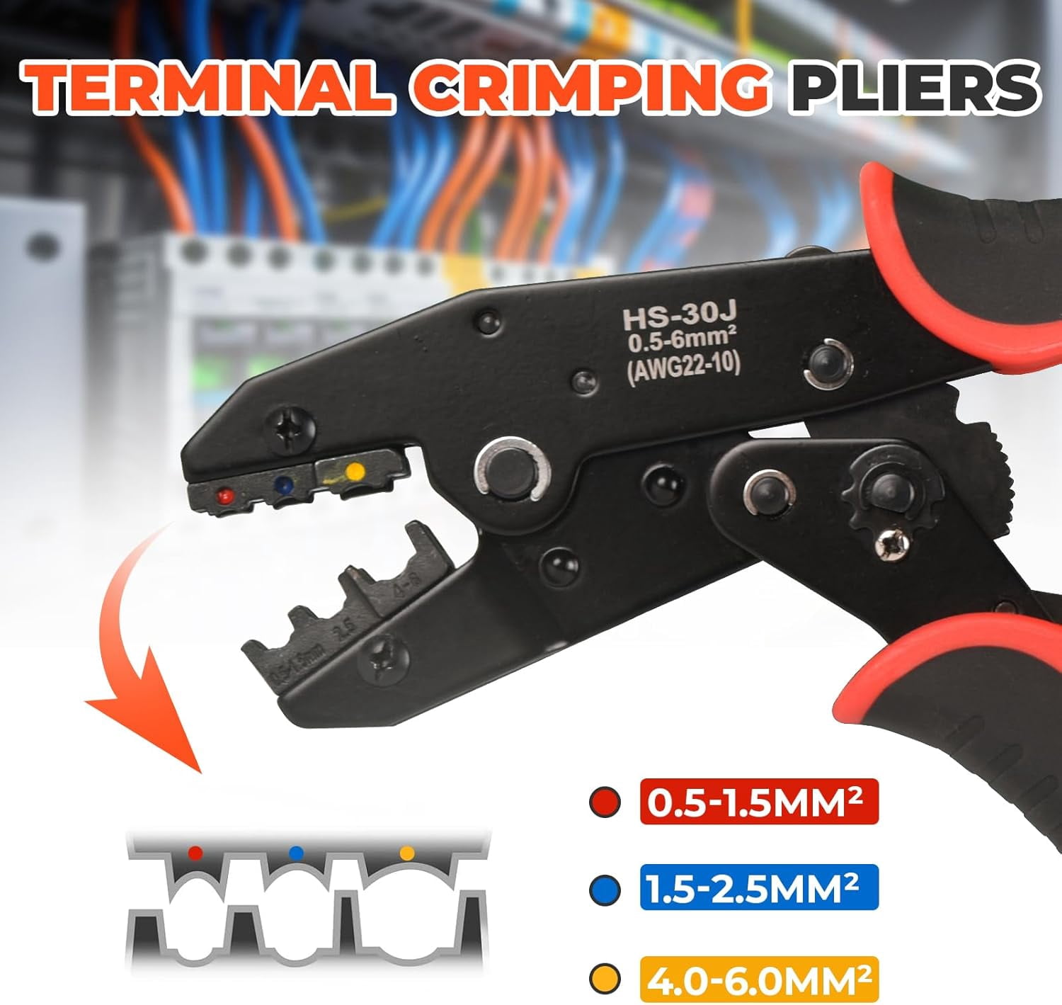 Dawot Professional Crimping Tool for Insulated Electrical Connectors - HS-30J Ratcheting Wire Crimper for 22-10 AWG (0.5mm²-6.0mm²) Wire Terminals & End-sleeves