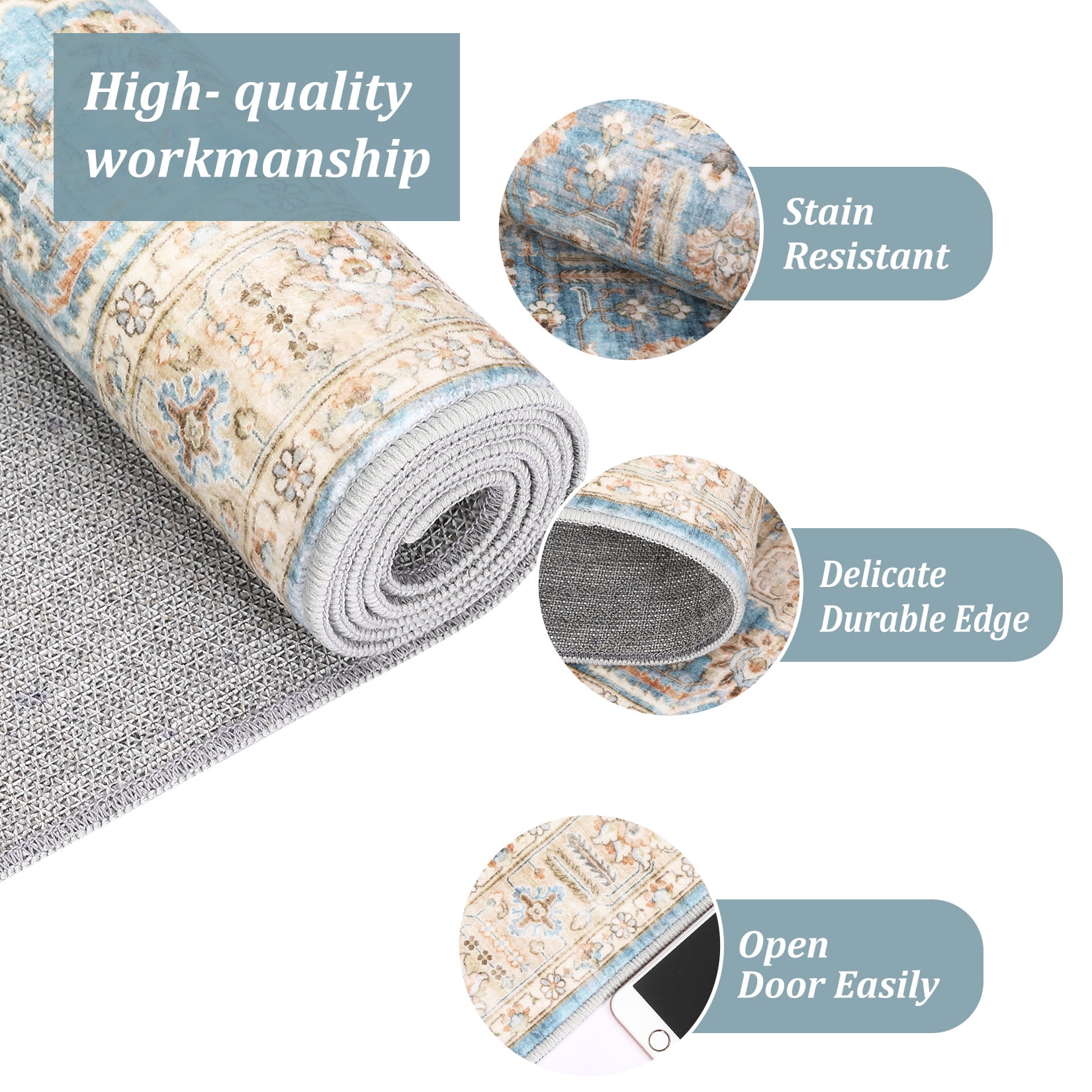 Hasoo Area Rug 5' x 7' Vintage Retro Area Rug for Living Room Bedroom Medallion Distressed Washable Rug Blue