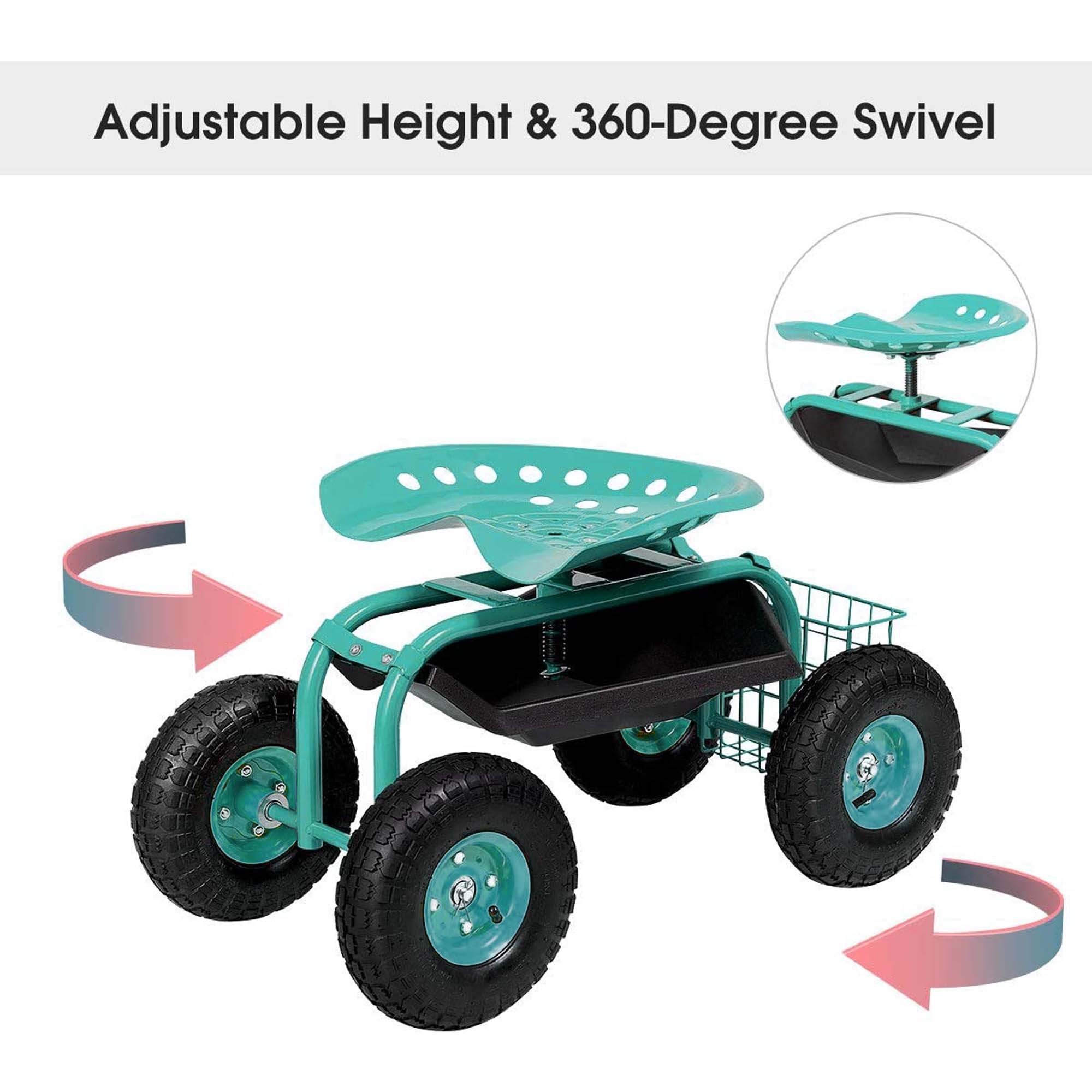 Aukfa Rolling Garden Cart Scooter with Swivel Seat, Wheels, and Tool Tray - Green