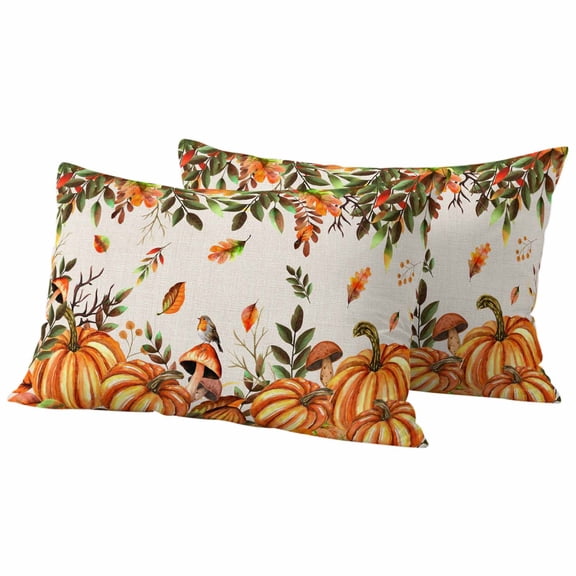 Orange Yellow Pumpkin Fall Outdoor Waterproof Pillow Covers, Thanksgiving Botanical Rustic Leaves Decorative Rectangle Throw Pillowcase Sofa Cushion Sham for Patio/Couch/Chair, 20"x12" 2 Pack