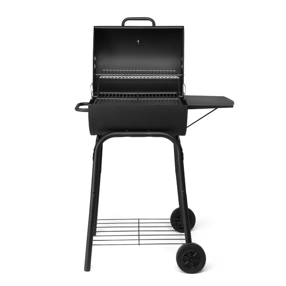 IVV Barrel Charcoal Grill with Side Table and Bottom Shelf, Outdoor BBQ Grill with Moveable Wheels and Adjustable Air Inlets, for Backyard Barbecue Cooking Party, Black
