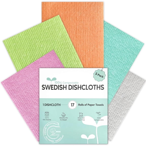 Swedish Dishcloths Kitchen, 5 Pack Swedish Dish Cloths, Ultra Absorbent Reusable Paper Towels, Cellulose Sponge Cloths, Quick Drying, No Odor, Dishwasher Safe