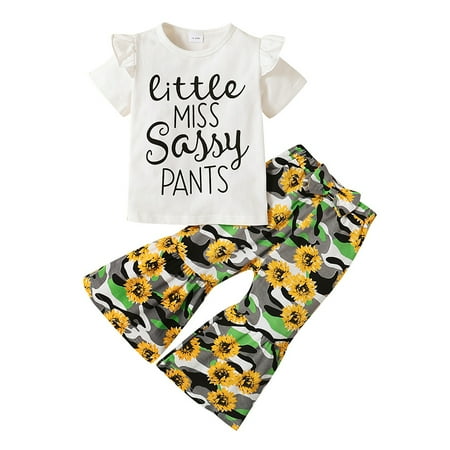 

Kucnuzki 18 Months Baby Girl Summer Outfits Pants Sets 24 Months Short Sleeve Little Miss Sassy Pants Letter Prints Tops Elastic Floral Prints Trumpet Pants 2PCS Set White