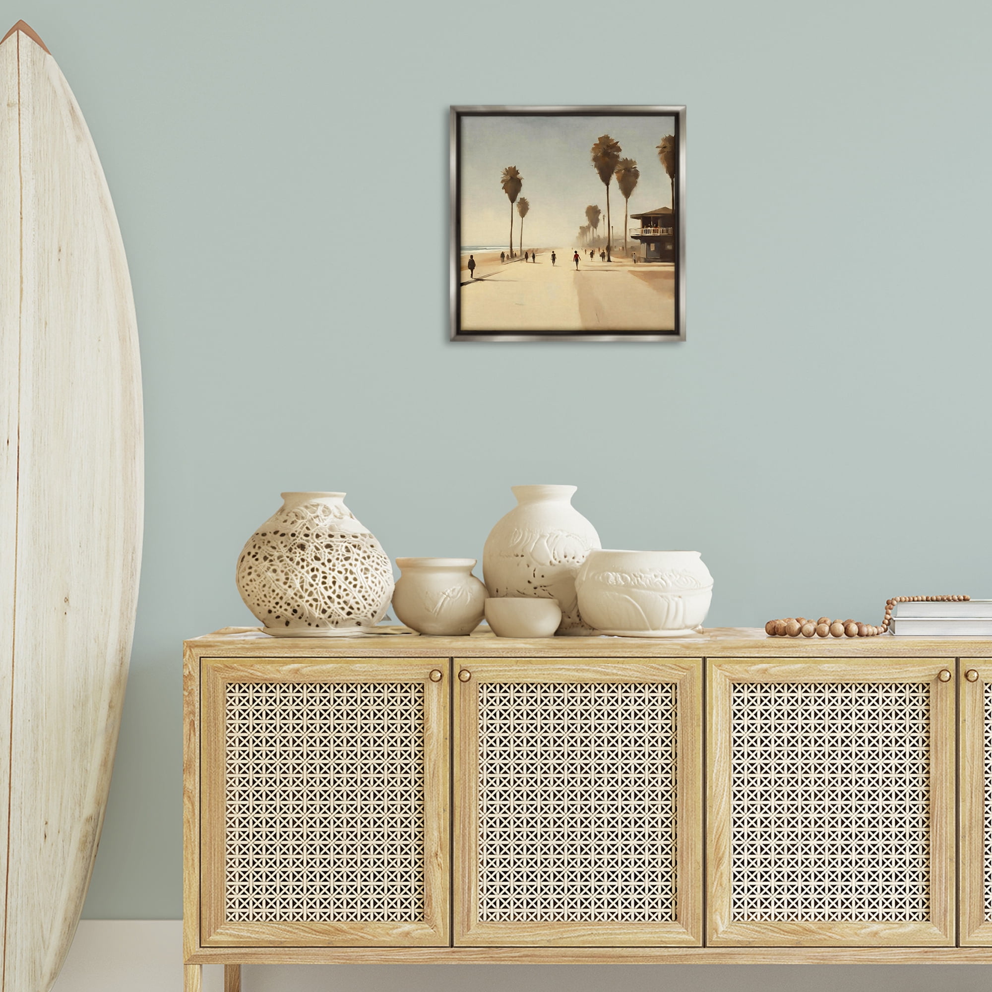 Stupell Industries Tropical Beachside Track Landscape & Nature Painting Gray Floater Framed Canvas Art Print Wall Art, 18 x 18