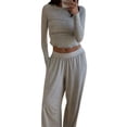 thumbnail image 2 of Yunliwuli Women 2 Piece Pajama Set Long Sleeve Crop Tops and Elastic Wide Leg Pants for Loungewear Soft Sleepwear for Nightwear, 2 of 9