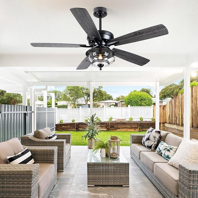 YIOSI 52-Inch Outdoor Ceiling Fan with Light and Remote, Black Modern, LED E26 Bulb