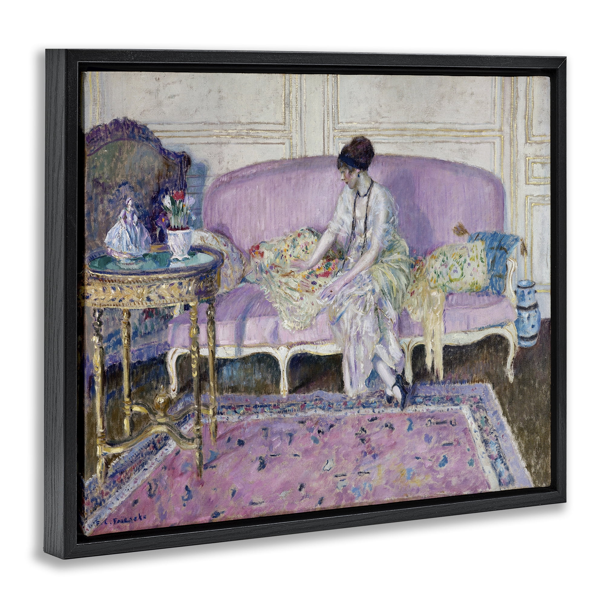 Stupell Industries Classical Woman on Sofa People Painting Black Floater Framed Canvas Art Print Wall Art, 31 x 25