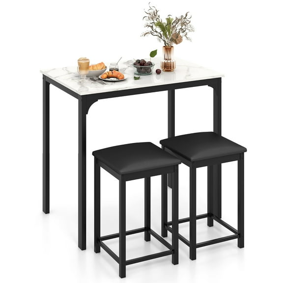 Gymax 3 PCS Counter Height Dining Set Faux Marble Table & 2 Chairs Kitchen Bar New White