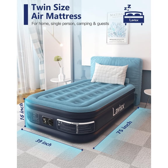 Twin Mattress with Built-in Pump 16 Inch Raised Blow Bed for Guests Home Travel