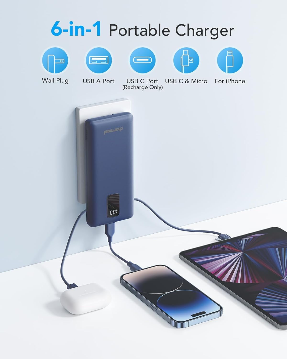 Portable Charger with Built-in Cables and Plug, 10000mAh USB C Power Bank Fast Charging, External Battery Pack Slim, Travel Essentials Compatible with iPhones, Samsung Galaxy, iPad