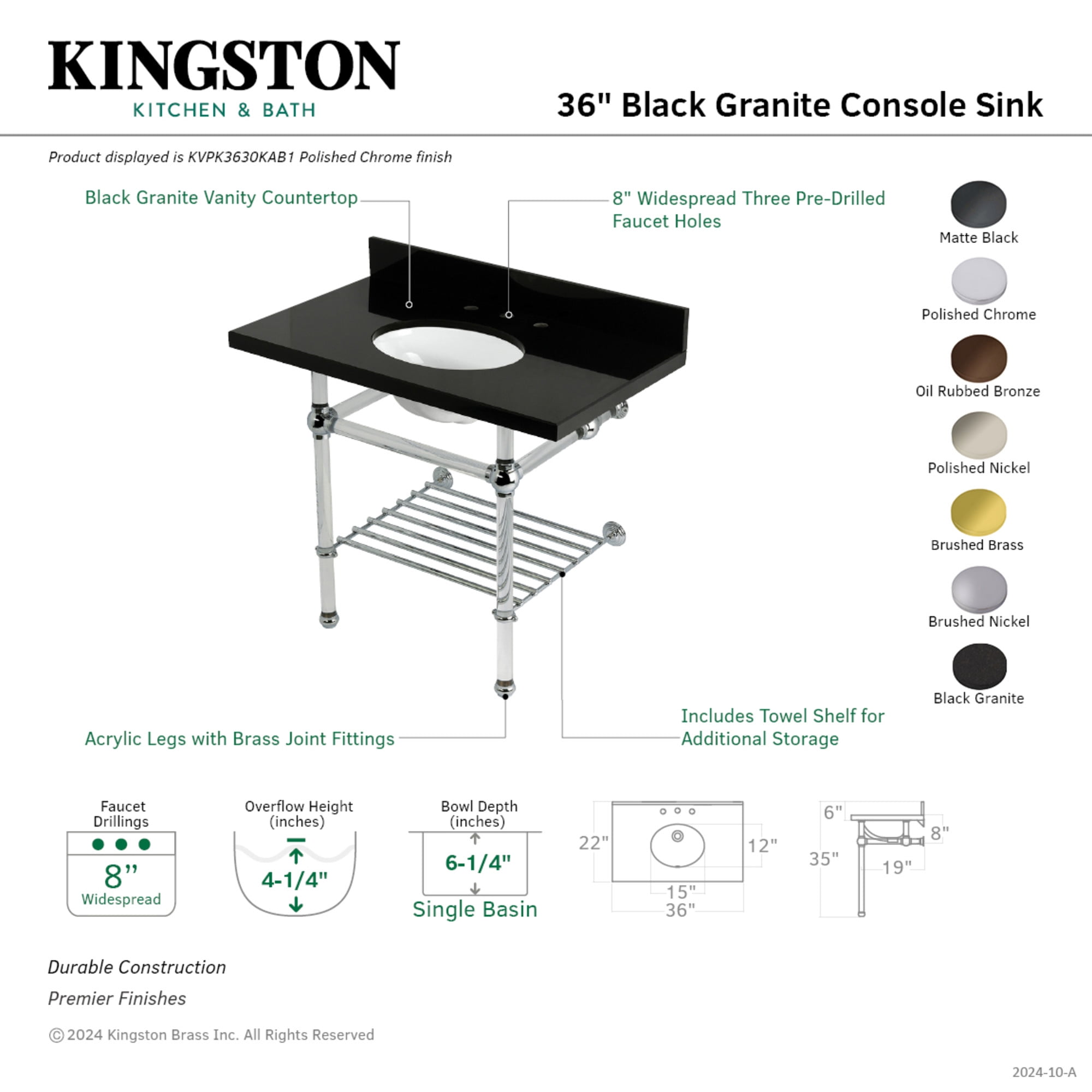 Kingston Brass KVPK3630KAB1 Templeton 36" Black Granite Console Sink with Acrylic Legs and Shelf (8-Inch, 3-Hole), Black Granite/Polished Chrome