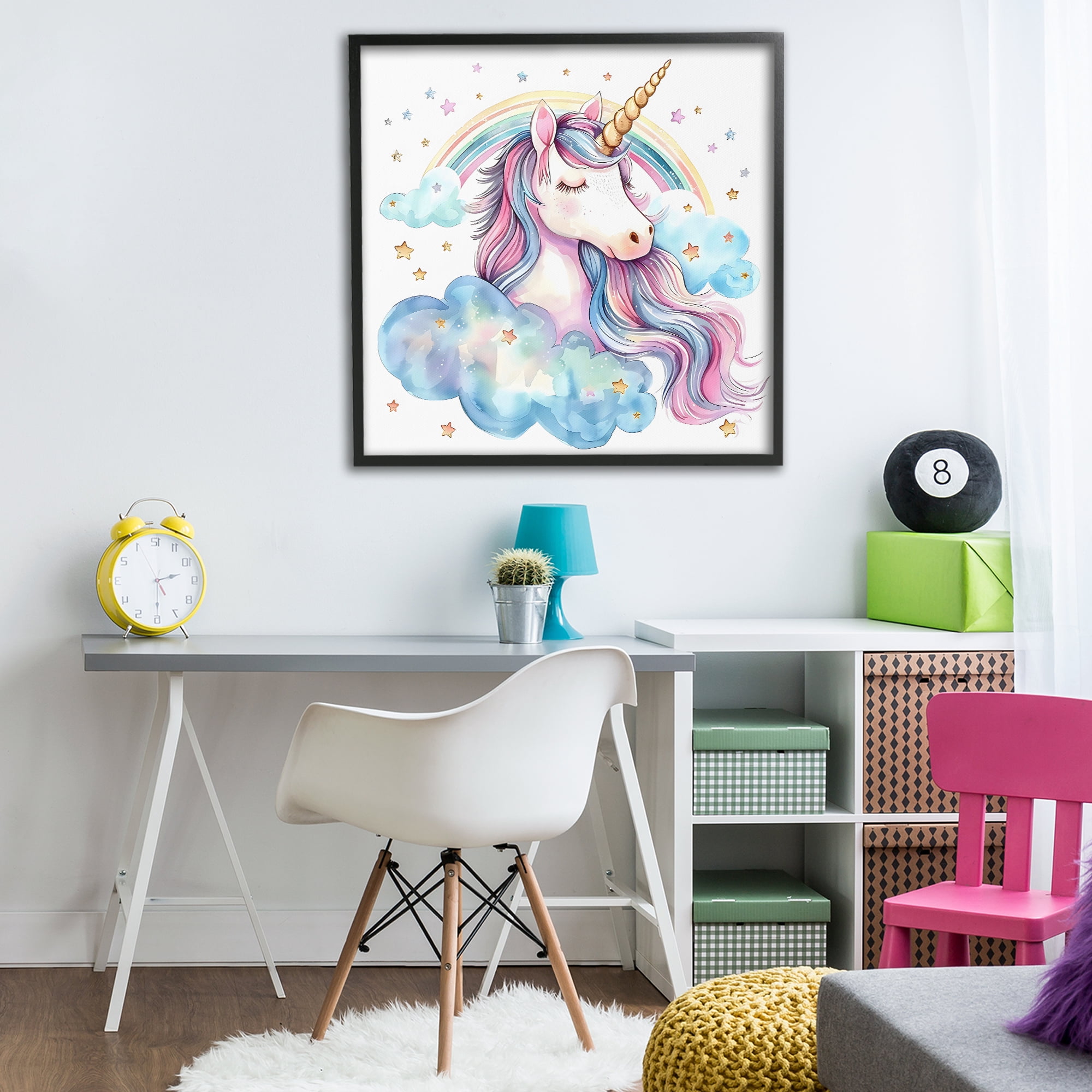 Stupell Industries Cute Happy Unicorn & Rainbow Black Framed Giclee Art, design by Creative Studio