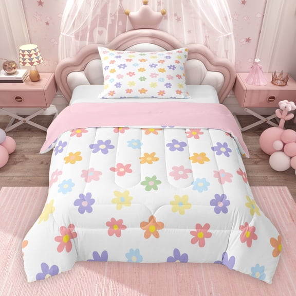 Erosebridal Cute Flower Floral Twin Comforter Sets for Kids Girls, Groovy Party Bedding Set, Pink Reversible 2pcs, 1 Comforter and 1 Pillowcase