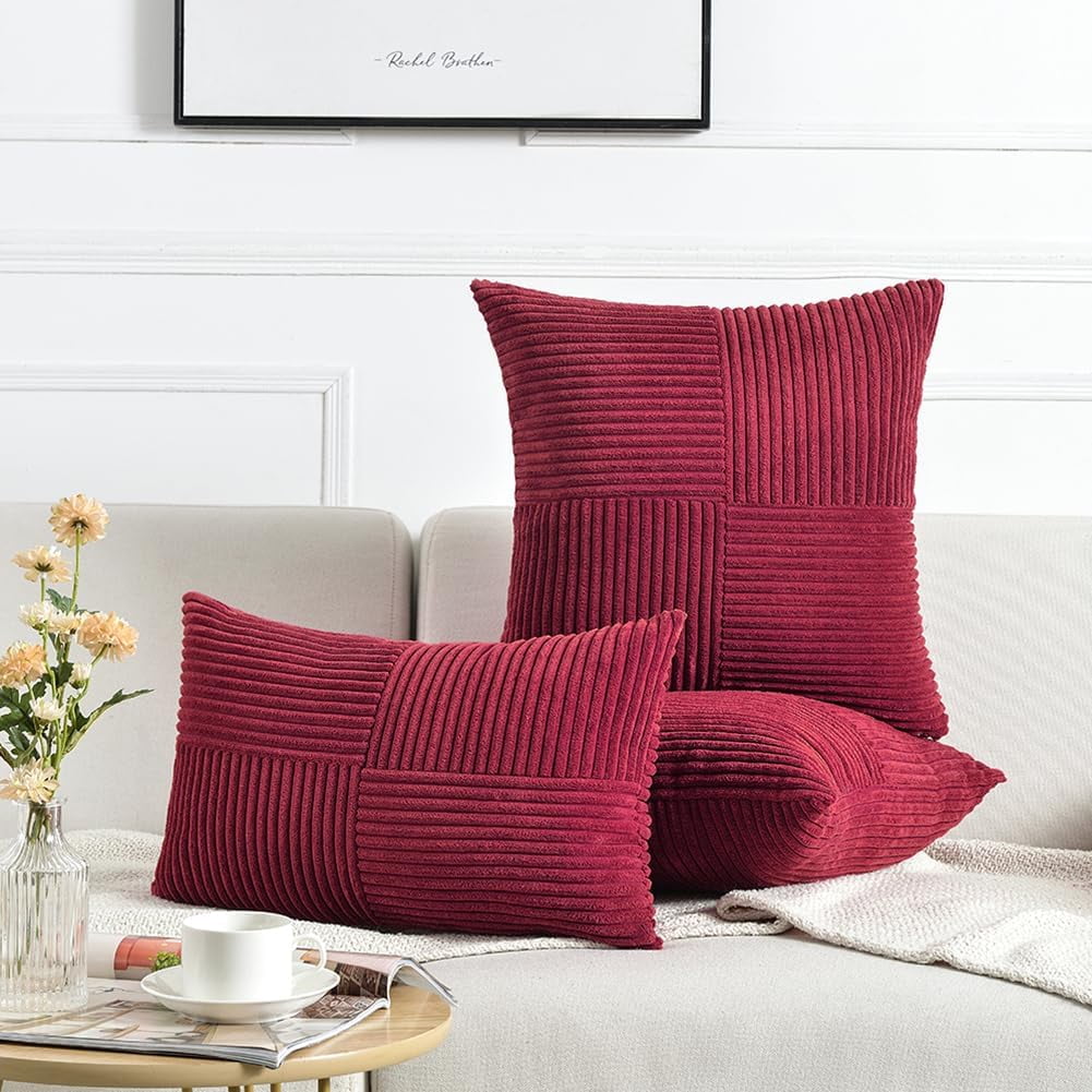 2 Packs Decorative Throw Pillow Covers for Living Room Couch Bed, Farmhouse Boho Home Decor, Soft Corss Corduroy Patchwork Textured Square Cushion Case