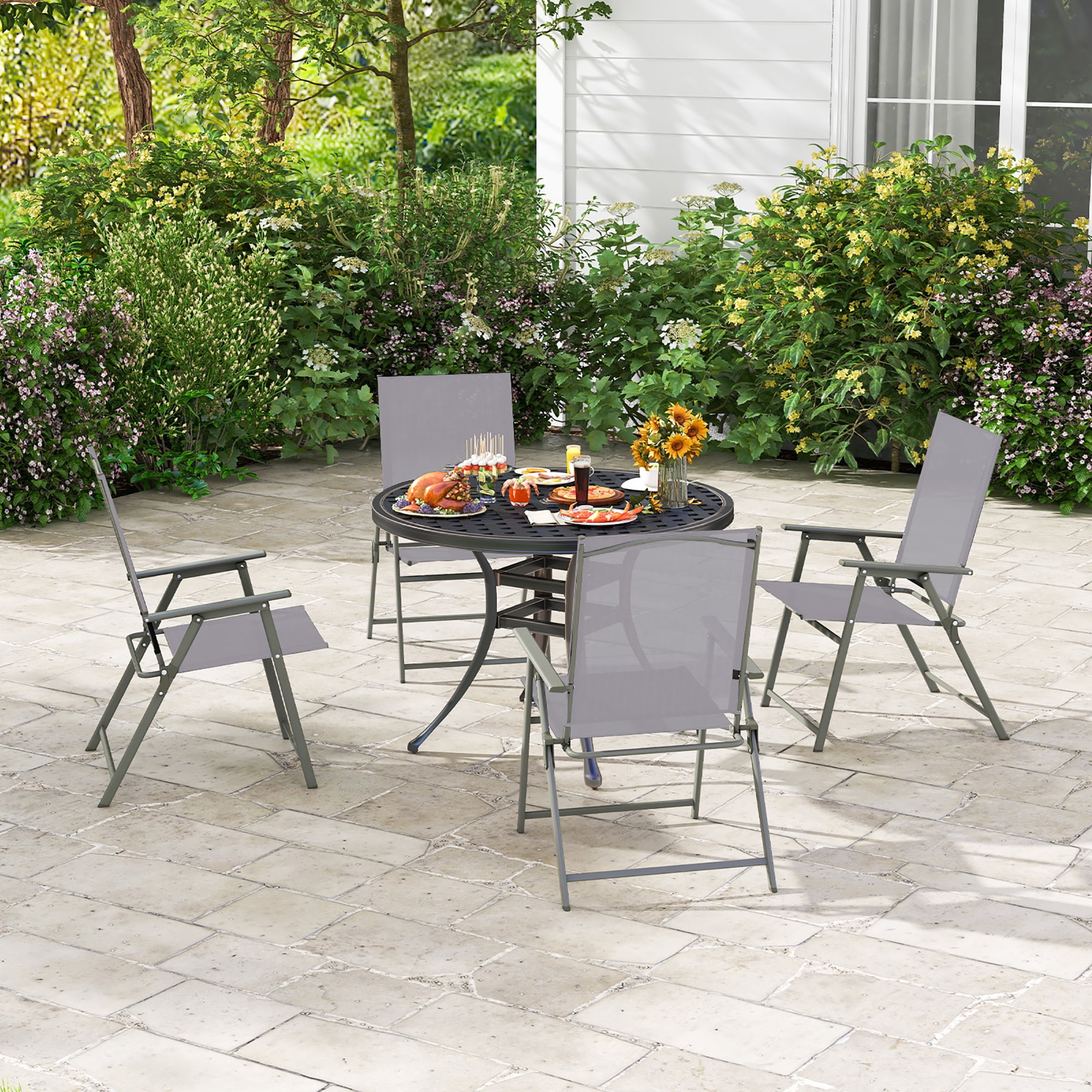 Costway 4pcs Patio Folding Portable Dining Chairs Metal Frame Armrests Outdoor Grey