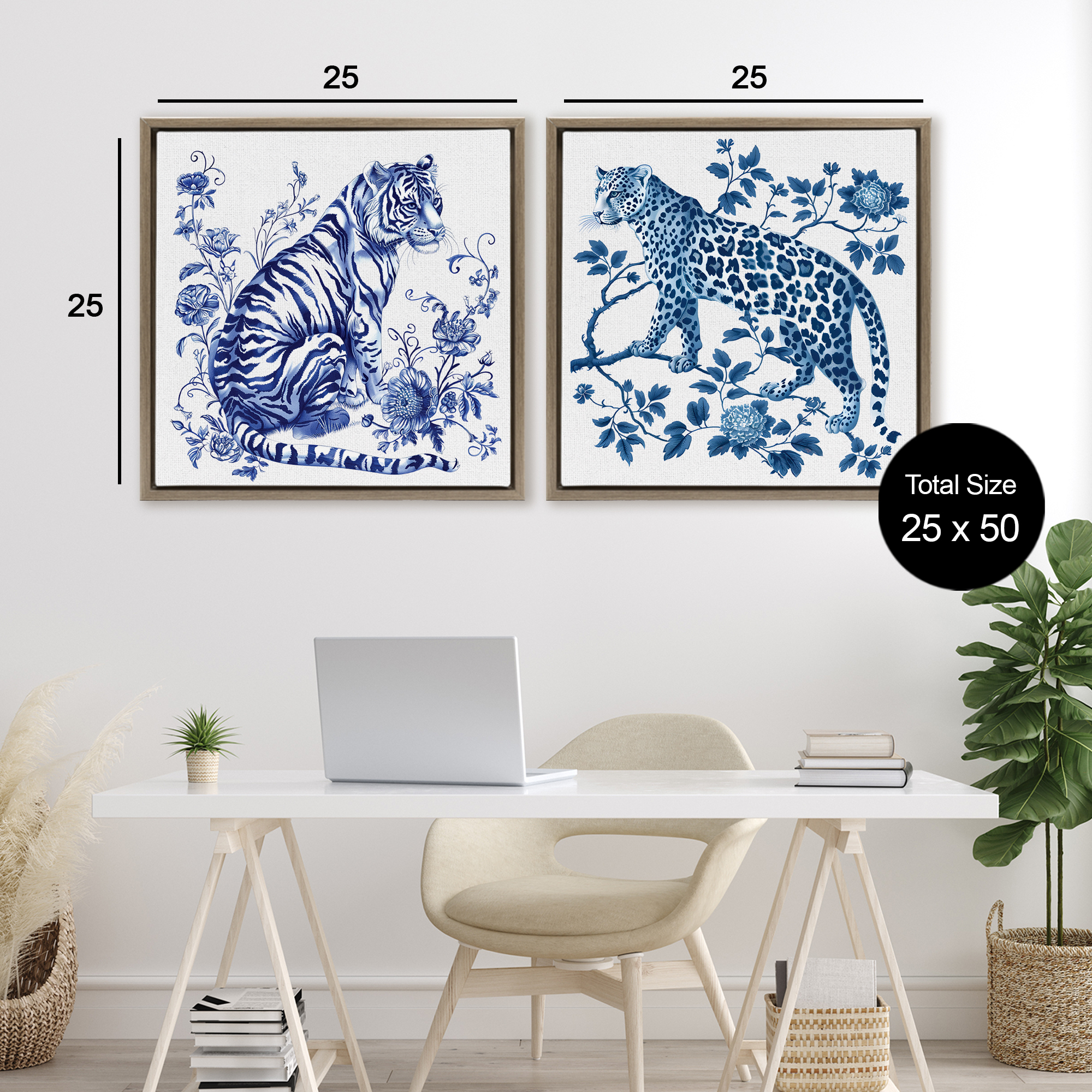 Ornate & Detailed Large Cats 2 Piece Brown Framed Floater Canvas Set, design by Lettered and Lined
