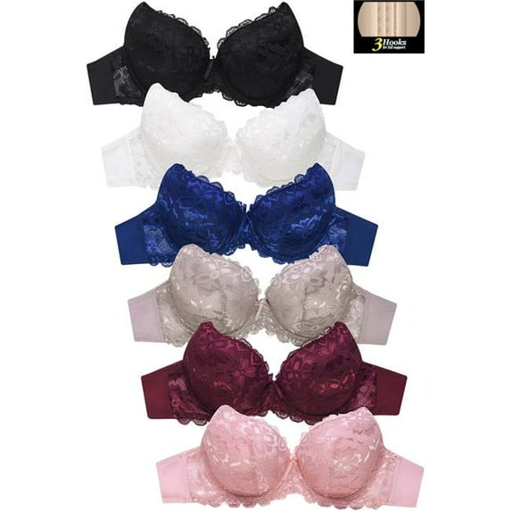 247 Frenzy 24F-BR4268LDD-34DD Women Essentials Sofra Plus Full Coverage Allover Lace Bras, Assorted Color - Size 34DD - Pack of 6