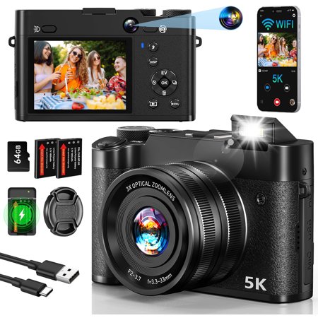 Digital Camera 5K 64MP Cameras for Photography with 6X Optical Zoom WiFi Dual-Lens Vlogging Camera for YouTube Video with 64GB Card