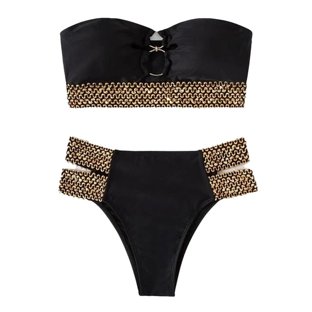 Traje de baño de bikini bandeau sin tirantes con abertura y anillo en O para mujer