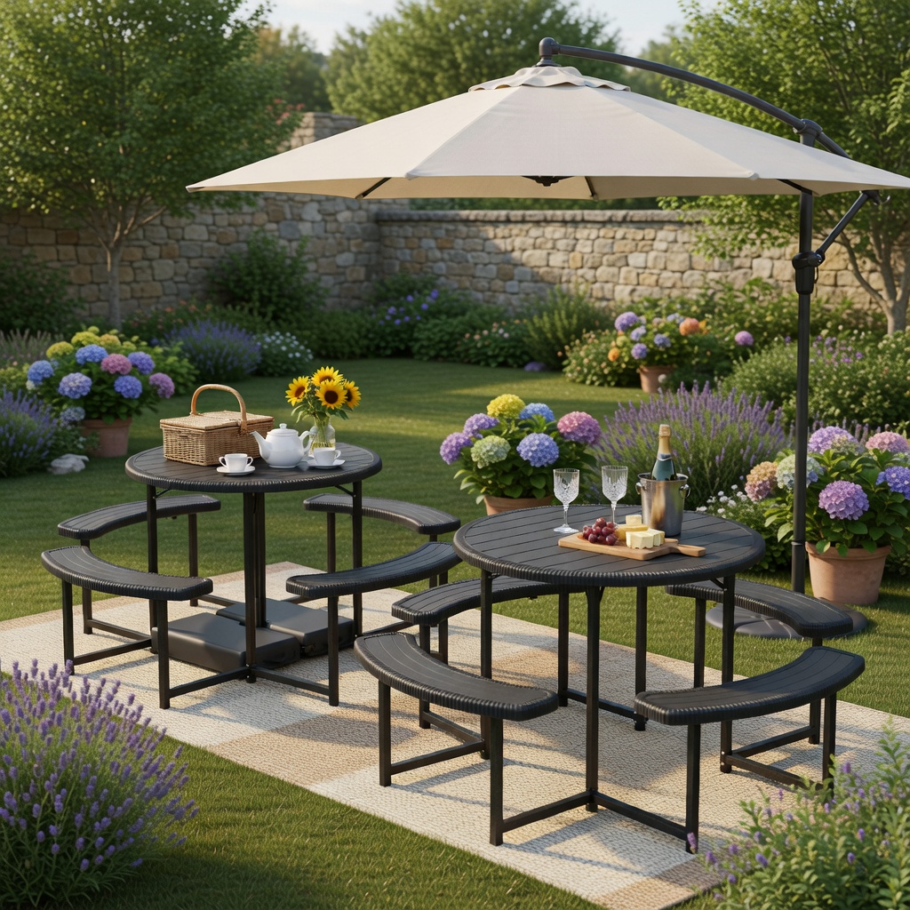 Hommoo Round Outdoor Picnic Table Set with 4 Benches & Umbrella Hole, Heavy-Duty Metal Frame, Weatherproof HDPE Top, Black