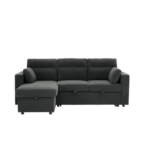 82.5" Convertible L-Shaped Pull-Out Sectional Sofa Bed with Storage Chaise, Cup Holders, and 2 Pillows, Modern Foil Fabric Sleeper Sofa for Living Room, Apartment, Dark Gray