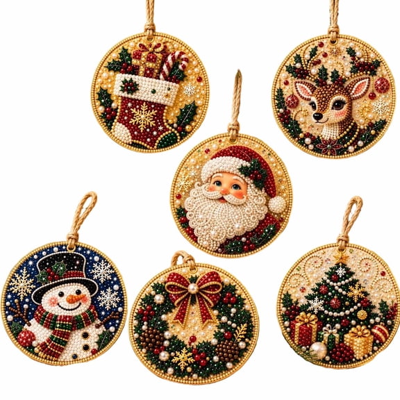 Diamond Art Christmas Ornaments, 6-Pack DIY Hanging Kit for Adults with Pearls, Gems & Jute Twine, Holiday Tree Decorations
