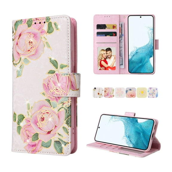 Tarise Phone Case for Galaxy S22 5G, for Samsung S22 5G Wallet Case, PU Leather [RFID Blocking][Wrist Strap][Kickstand] Magnetic Closure Shockproof Folio Cover for Samsung Galaxy S22 5G, Rambling Rose