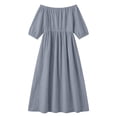 thumbnail image 6 of Women's off-the-Shoulder Cotton Linen Blend Dress Short Sleeve Lace Trim Casual Midi Dress with Side Slit for Summer Beach Vacation Gray S(S), 6 of 7