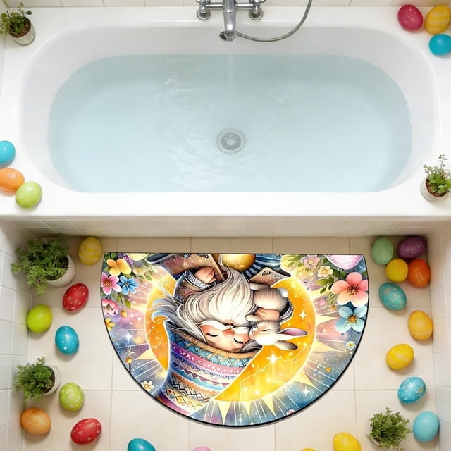 Uuiauoio Half Round Door Mat Easter Holiday Egg Rabbit Half Moon Rug Washable Half Circle Area Rugs Indoor Entrance Non Slip Semi Circle Bathroom Rugs Floor Carpet for Kithen Bedroom Decorative Gift