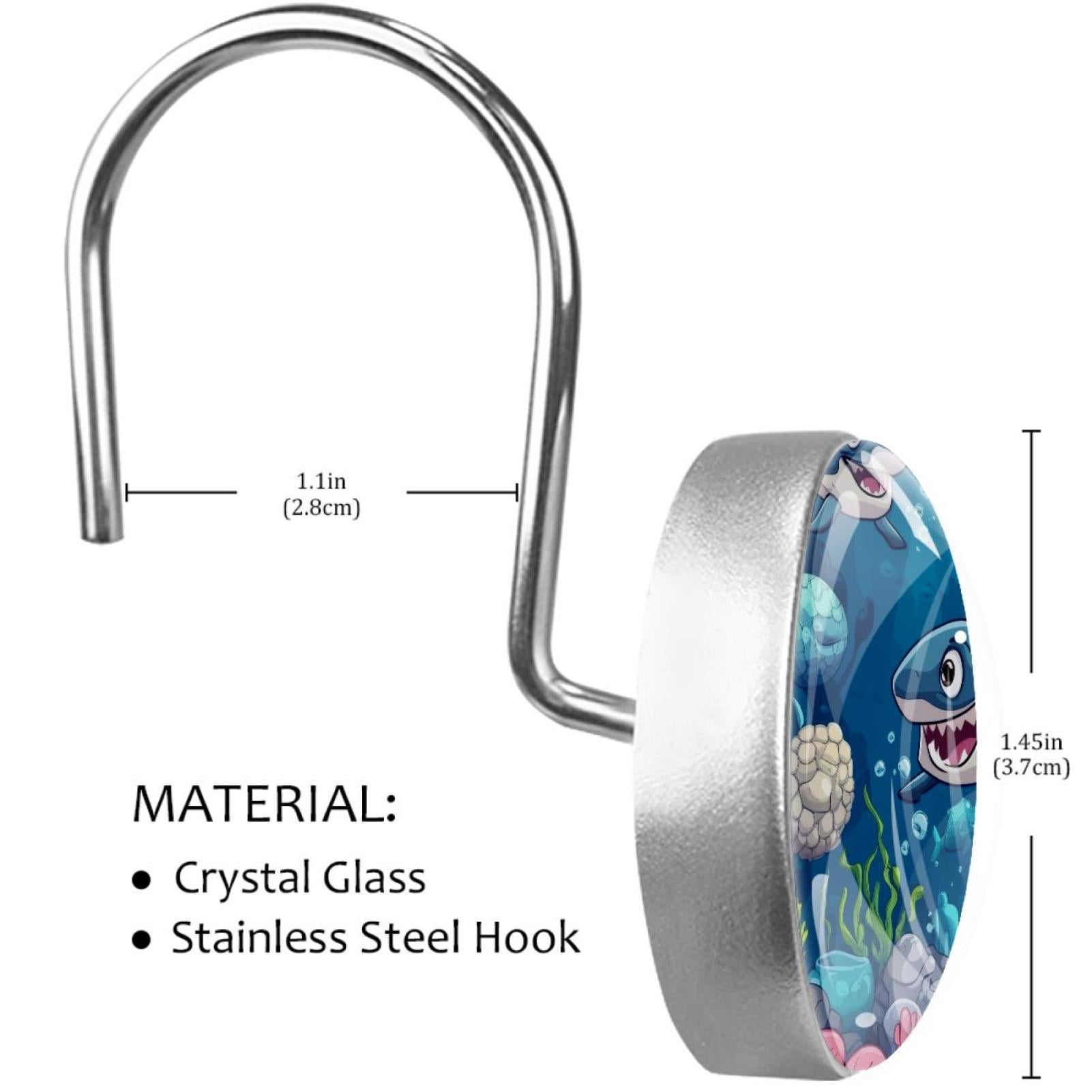 Cartoon under Sea Shark Fish Shower Curtain Hooks Round Crystal Glass, Set of 12 Shower Curtain Rings - Shower Hooks for Curtain Shower Rings