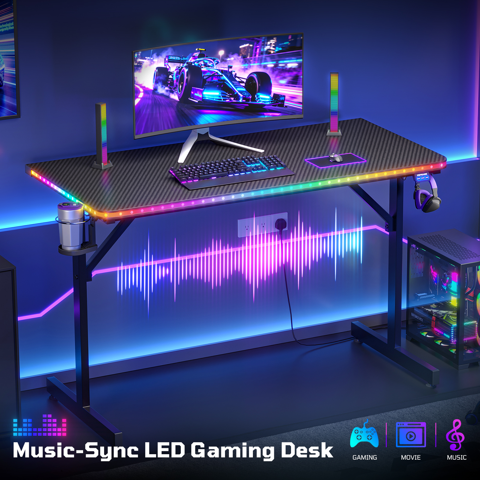 RSPGAME 43.5" Music Sync LED Gaming Desk, Black photo 8