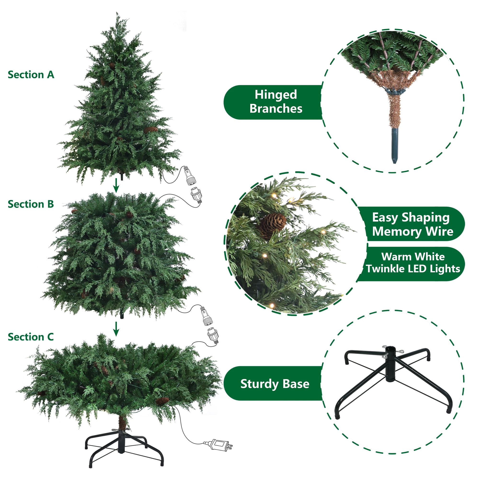 Holiday Time 7.5ft Prelit Green Cedar Artificial Christmas Tree with 400 Warm White Twinkle LED Lights