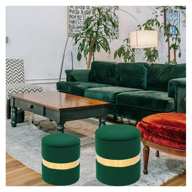 BULYAXIA Emerald Green Velvet Ottoman with Storage Set of 2 Boucle Ottoman Upholstered Round Foot Stool for Bedroom Living Room Ship from US