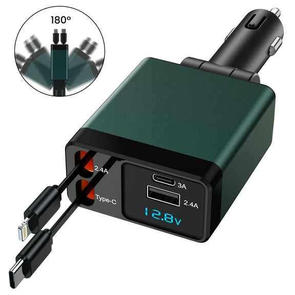 NEXPOW Retractable Car Charger Adapter, 150W Fast Charger for Car, 4 in 1 Car Phone Charger with Cables(2.6ft), 180° Adjustable,Voltage Display-Green