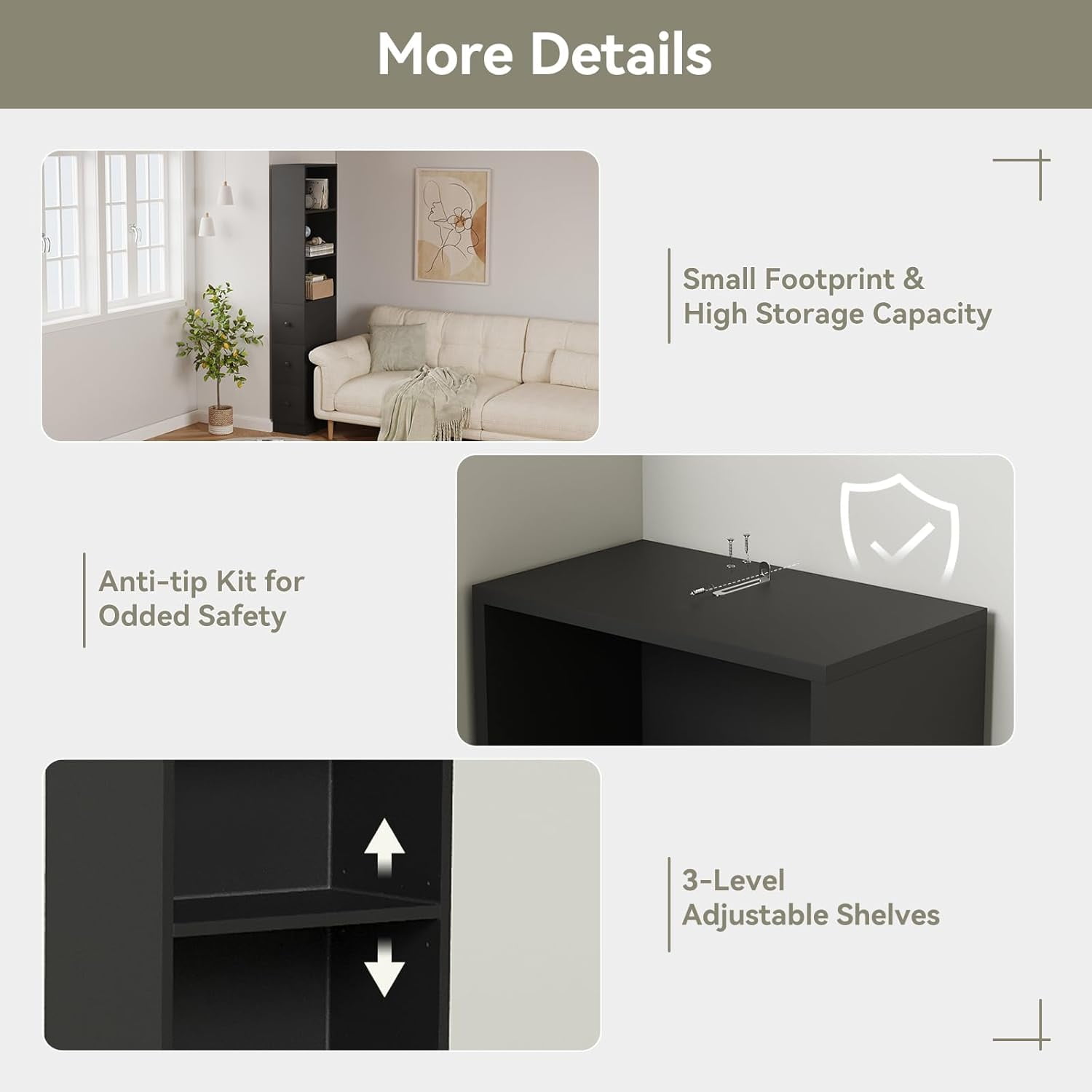 Tall Narrow Free Standing Bathroom Storage Cabinet with 3-Level Adjustable Shelves Home - Space Saver for Living Room Kitchen - Classic Black