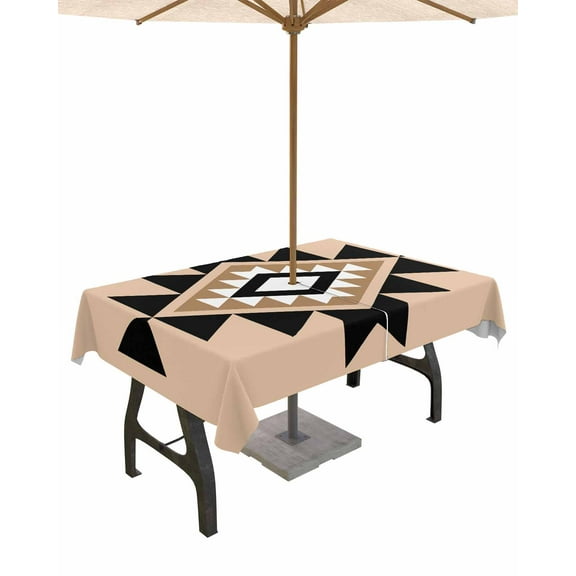 nqOlkjepod Black Khaki Boho Outdoor Tablecloth with Umbrella Hole & Zipper, Aztec Southwest Ethnic Geometric Art Rectangle Table Cover 60x120 Inch, Dining Waterproof Table Cloth Protector for Patio
