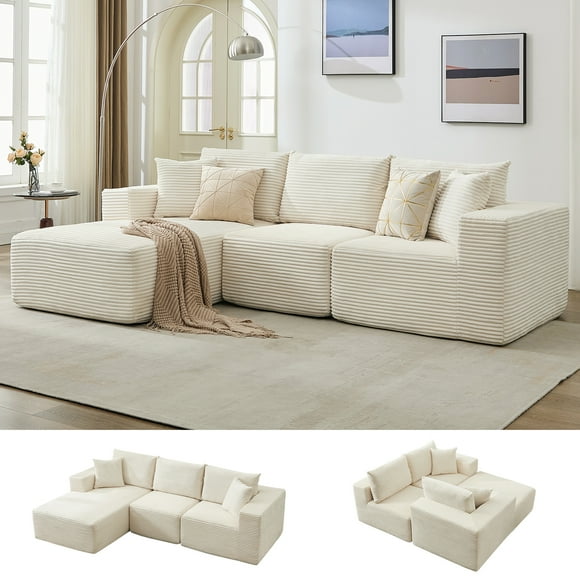 Cloud Comfort Modular Sectional Sofa - 108" L-Shaped 3-Seater, Deep Seating, 67.5" Chaise, Corduroy Upholstery, No Assembly, Reversible For Living Room or Bedroom, Small Spaces -Corduroy | Beige