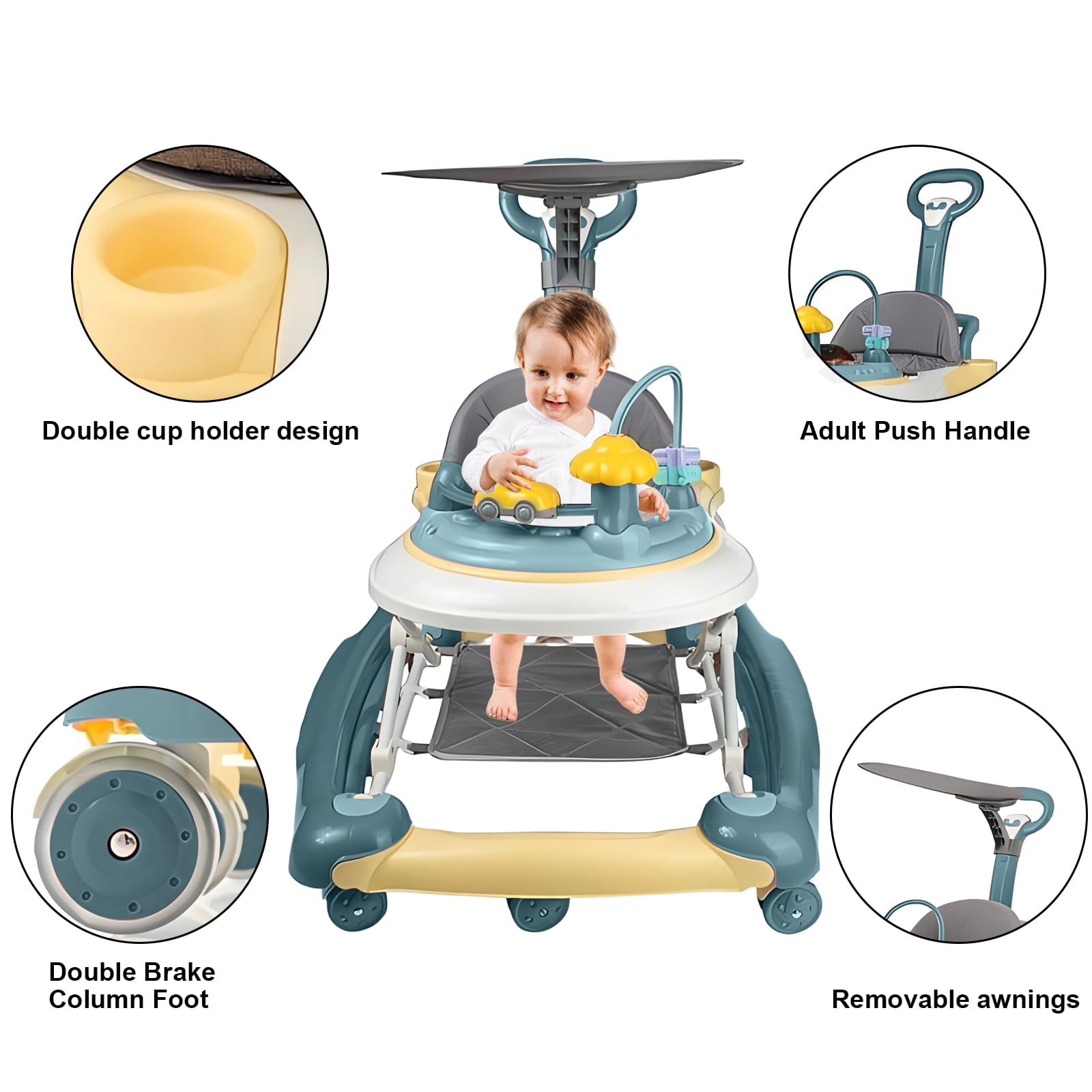 ManyFun 5-in-1 Baby Walker, Musical Activity Push Walker with Detachable Awning Footrest, Adjustable Height, Blue