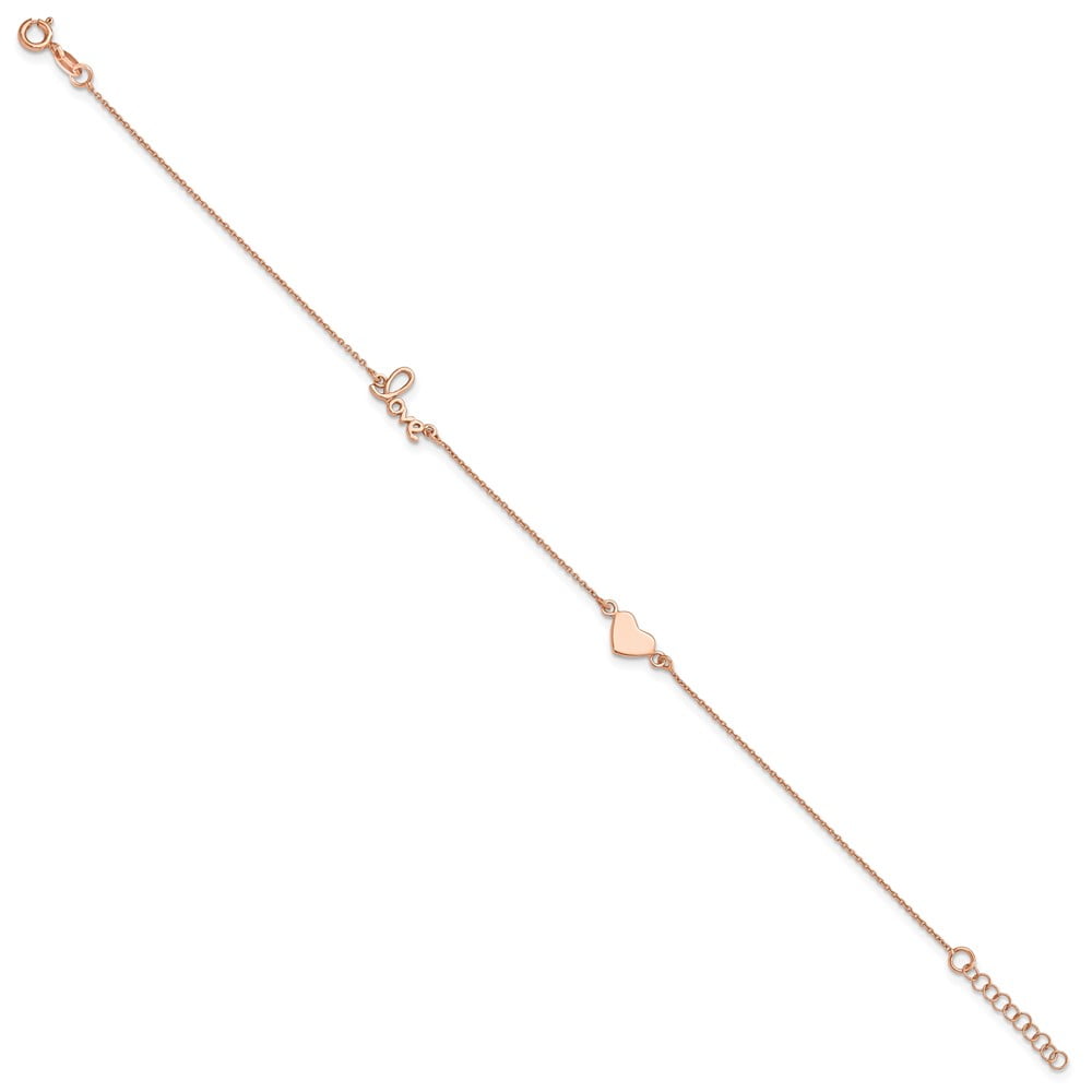 Sterling Silver Rose Tone Love and Heart 9in Plus 1in ext Anklet
