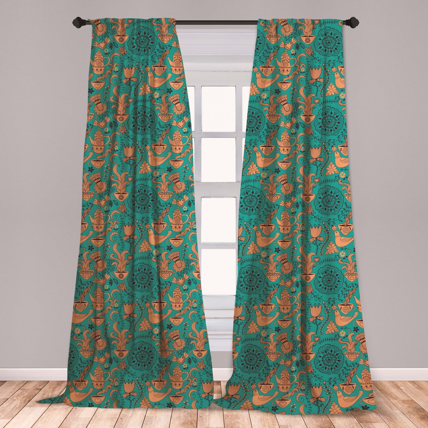 Vintage Curtains 2 Panels Set, Nature Scroll Art Pattern with Birds ...