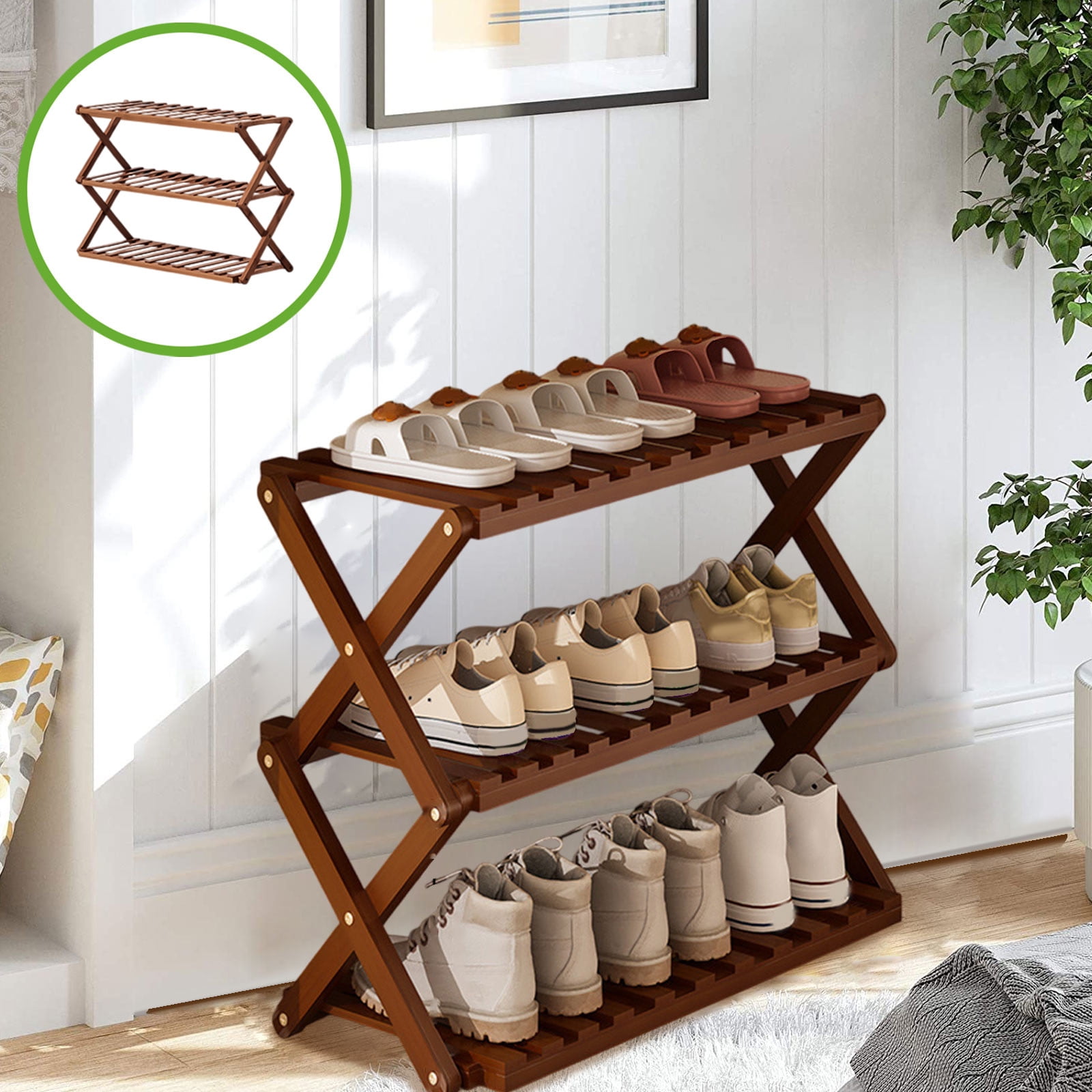 DAMAI 3 Tier Bamboo Shoe Rack,Portable Folding Multifunctional Free Standing Shoe Shelf Storage Shoe Storage Rack,Without Installation Small Shoe Rack Perfect for Corridors,Bedrooms and Small Spaces