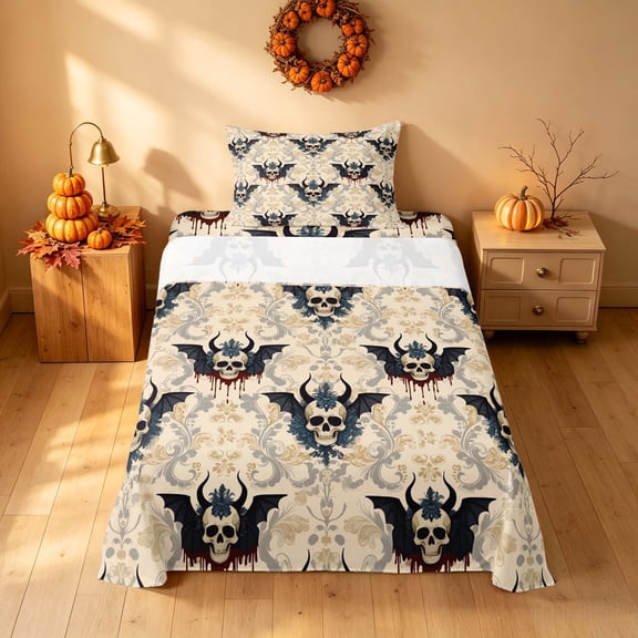 Homewish Halloween Baroque Devil Skull Twin Sheets, Dark Floral Blood Drip Bedding, Beige Gray Red, 3-Piece (1 Flat Sheet, 1 Fitted Sheet and 1 Pillowcase)