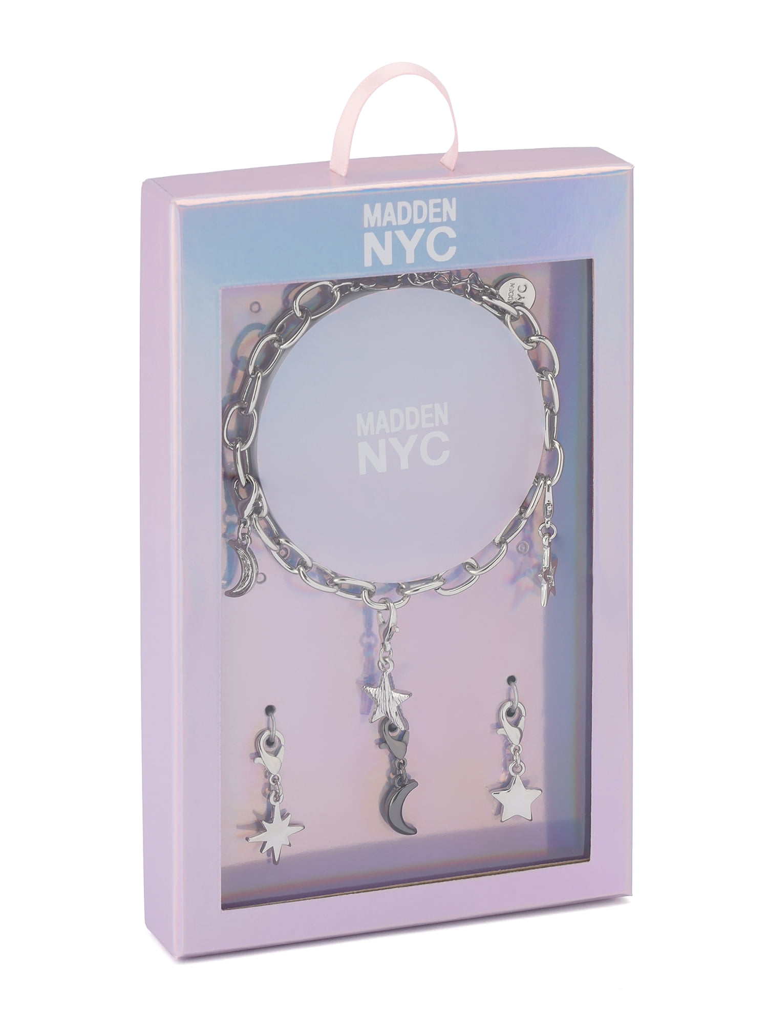 Madden NYC Women's Fashion Rhodium Celestial Star Bracelet & 3-Piece Charm Giftable Boxed Jewelry Set