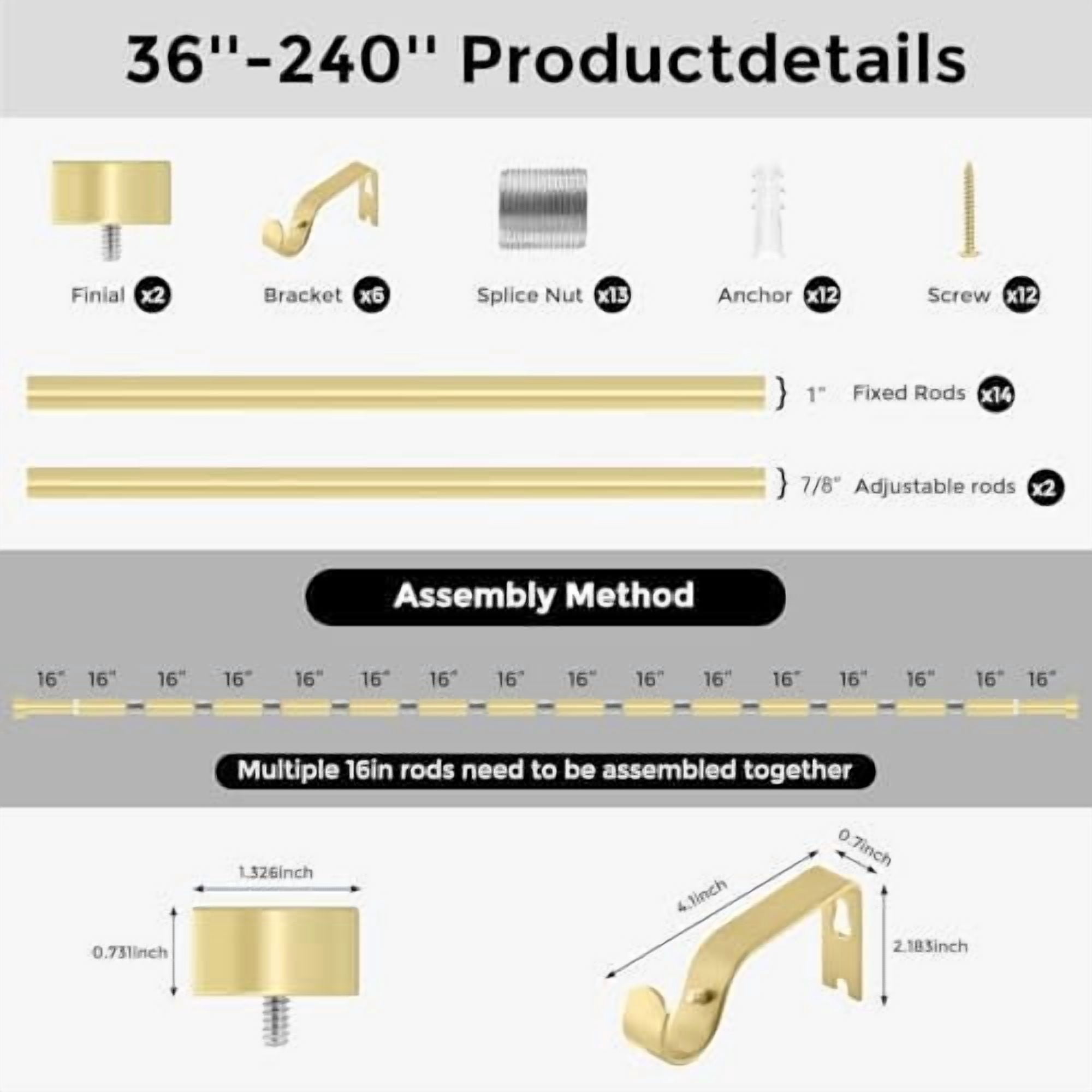 Gold Curtain Rods for Windows 36 to 240 Inch(3-20 Feet),1" Diameter Rods with Modern Style End Cap Finials,Size:36-240 Inch