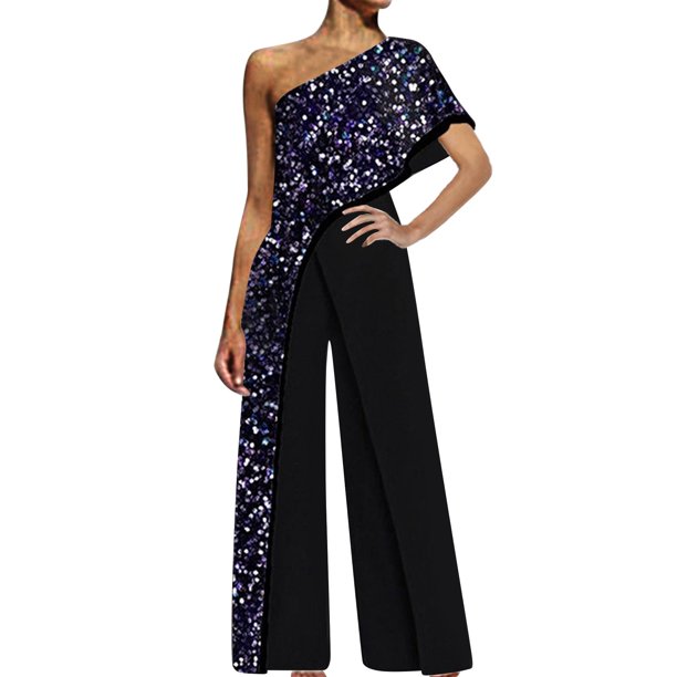 Gibobby pantalones siameses de pierna ancha Pantalones de mujer de manga corta con hombros inclinados estampados(Negro, S)