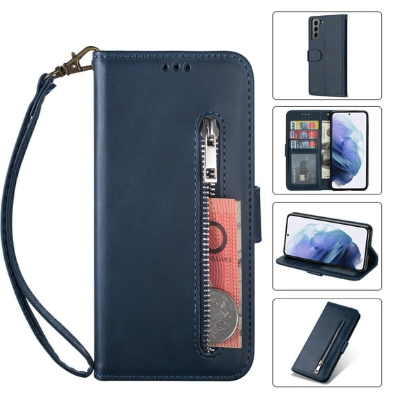 for Samsung S22 Case Wallet, Galaxy S22 Card Pocket Case Premium Magnetic Flip Cover, PU Leather Kickstand Wrist Strap Zipper Card Holder Case for Samsung Galaxy S22, Blue