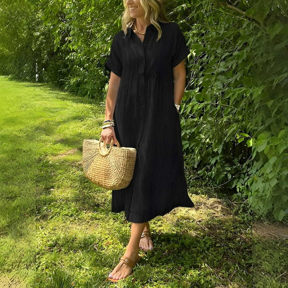 Qulqfy Black Dresses for Women Tshirt Midi Short Sleeve Going Out Casual Plus Size Striped Collared Dresses Winter Dresses for Women 2025 L