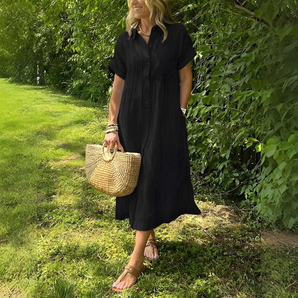 Zpanxa Button Down Collar Dress Women Short Sleeve Striped Shirt Dress V Neck A Line Midi Dress with Pockets for Smart Casual Wear