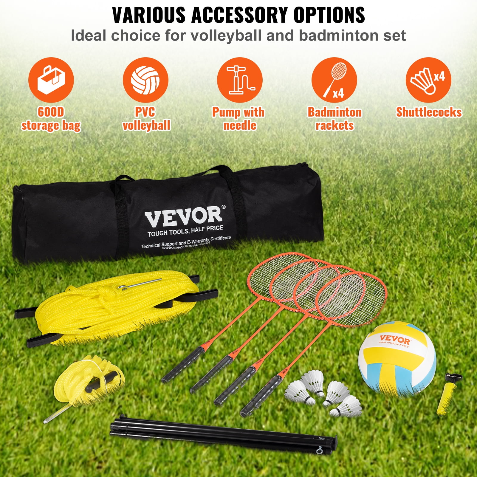 VEVOR Volleyball and Badminton Set, Outdoor Portable Badminton Net, Adjustable Height Steel Poles, Professional Combo Set with PVC Volleyball, Pump, Carrying Bag, Plastic Badminton Easy Setup
