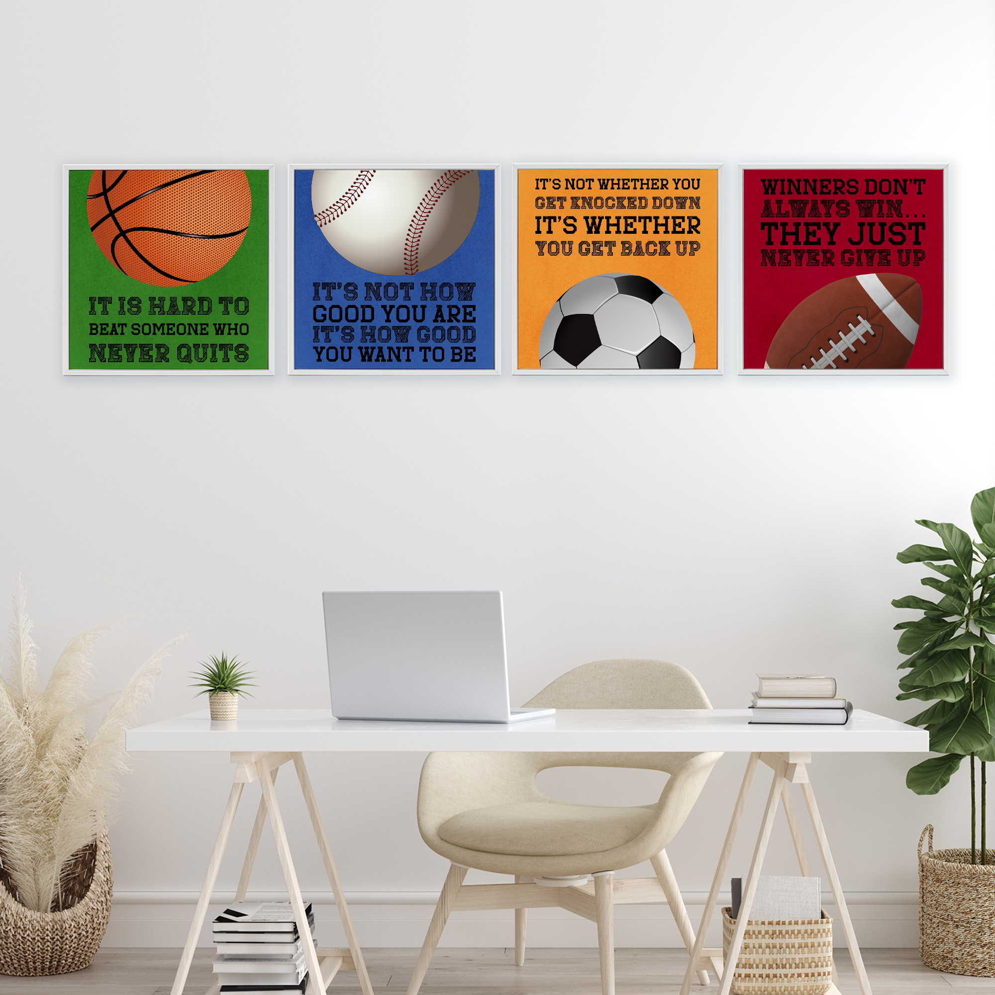 Motivational Sports Determination 4 Piece White Framed Giclee Art Set, design by Marcus Prime